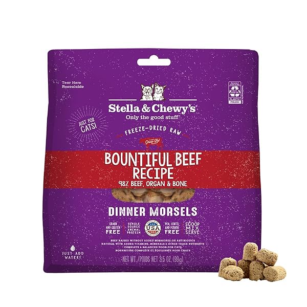 STELLA & CHEWY’S FREEZE-DRIED RAW CAT DINNER MORSELS – PREMIUM BEEF RECIPE WITH 98% GRASS-FED MEAT & ORGANS – NATURAL GRAIN-FREE CAT & KITTEN FOOD – MADE IN USA – 3.5 OZ