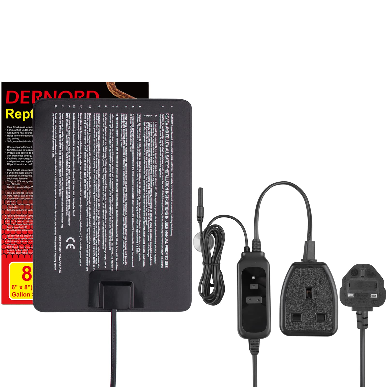 DERNORD Heat Mat with Thermostat - 8W Heat Mat Reptile and Digital Thermostat Combo Set for Snake Vivarium Bearded Dragon Lizard Tank