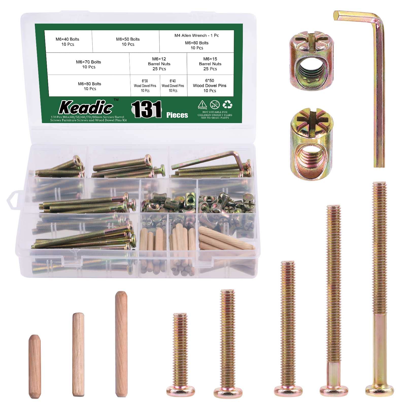 Keadic 131 Pcs Zinc Plated M6 40/50/60/70/80mm Baby Bed Screws Hardware Replacement Kit with Fluted Wood Dowel Pins , M6 Hex Socket Head Cap Barrel Bolt Nuts for Furniture