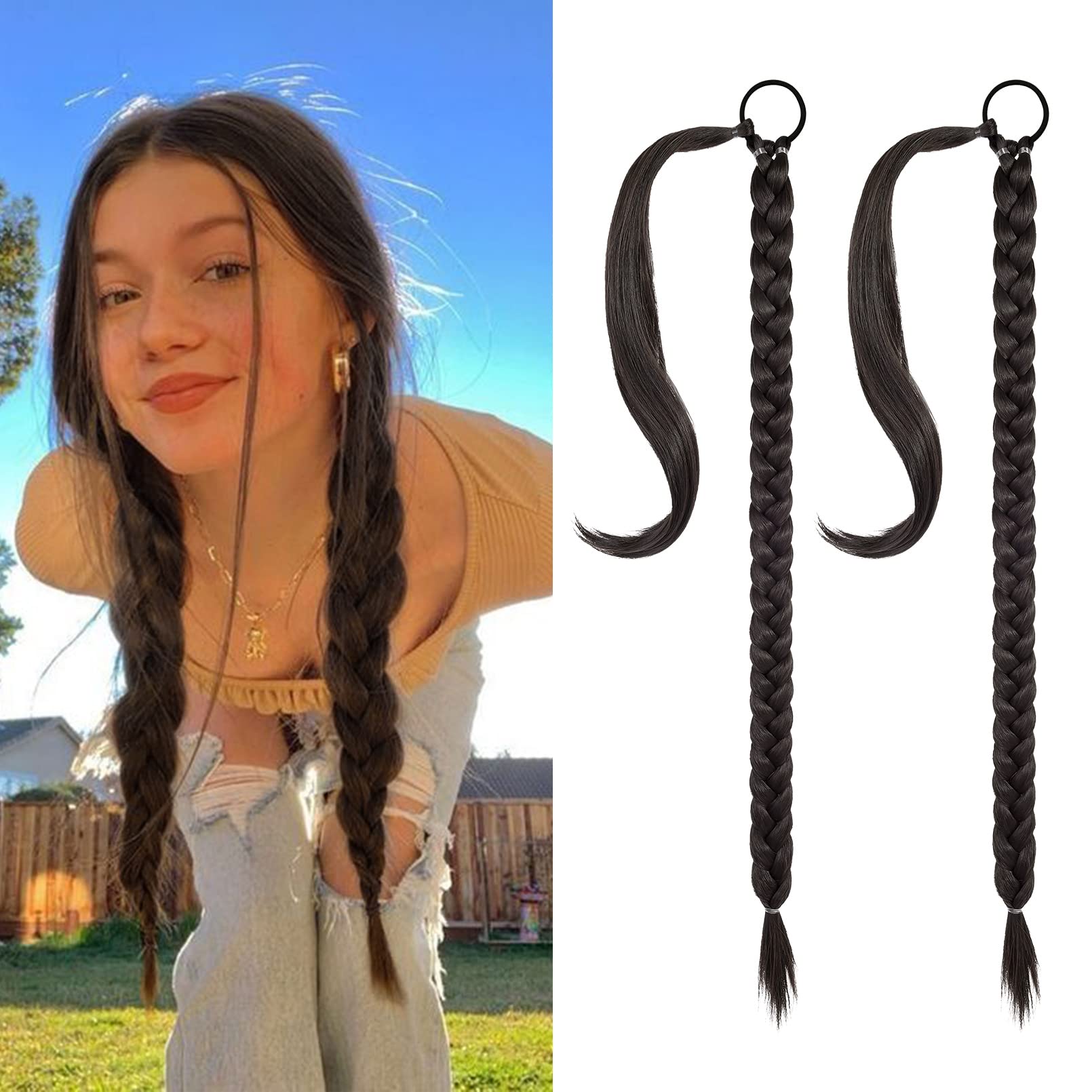 Photo 1 of SEIKEA 2PCS Long Braid Ponytail Extension with Hair Tie Long Straight Wrap Around Hair Extensions Ponytail Natural Soft Synthetic Hair Piece Daily Wear Black Brown 20 Inch (After Braided 16 Inch)