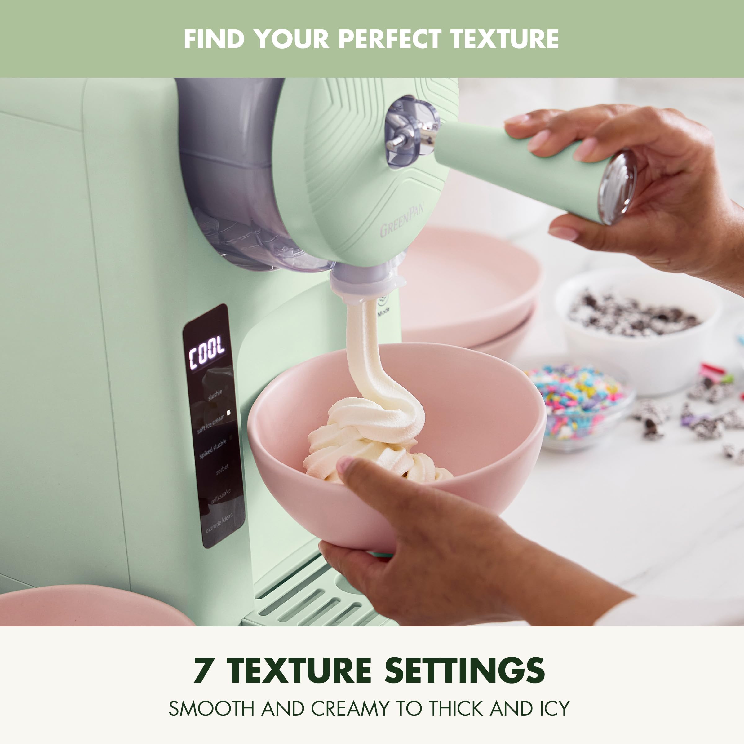 GreenPan Frost Máquina para hacer helados y bebidas congeladas, servicio suave, granizados, sorbetes, batidos y cócteles, no necesita congelador, 7 texturas, silencioso y rápido, fácil de limpiar, tamaño familiar, pistacho salvia