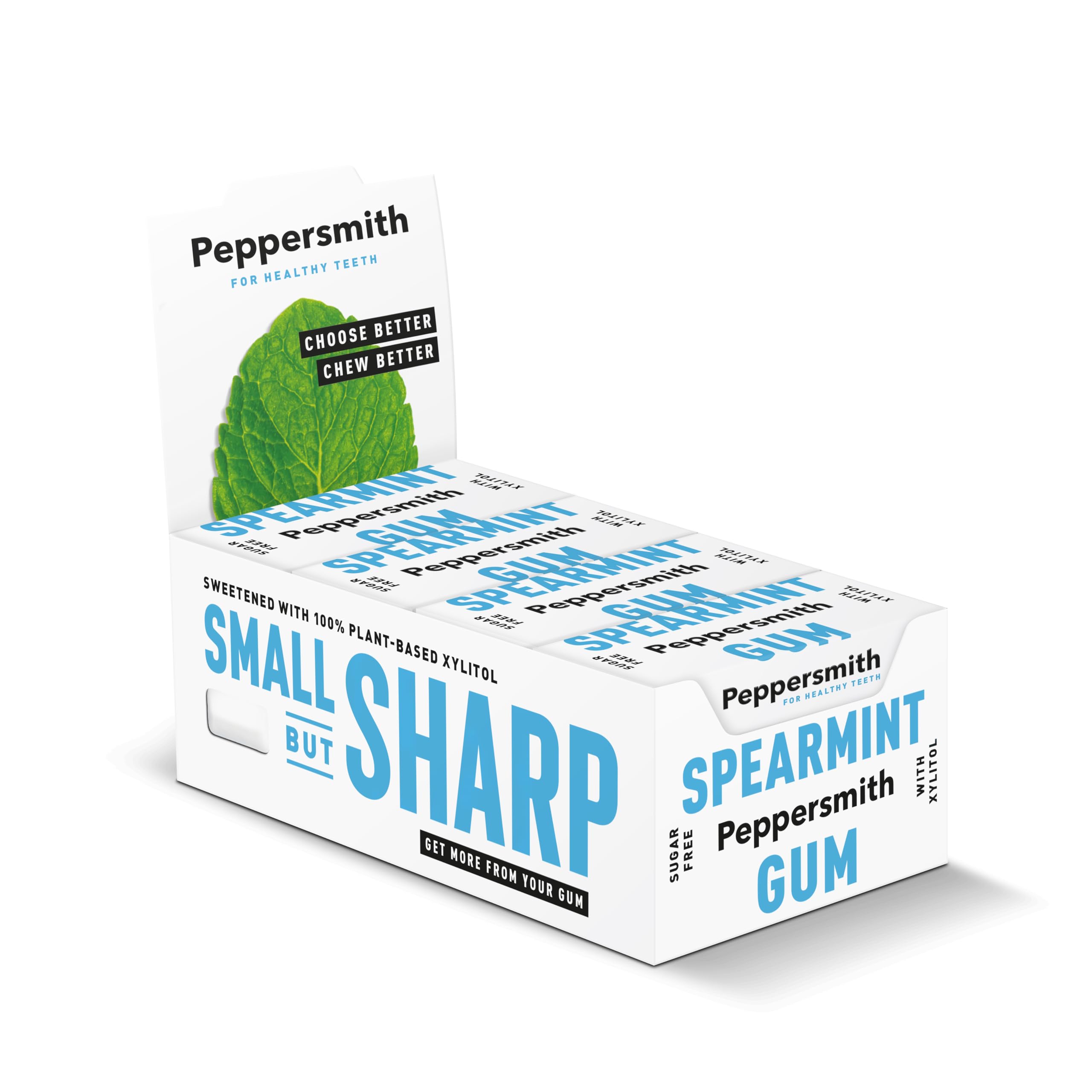 Peppersmith - Spearmint Chewing Gum - Xylitol Gum - Sugar Free Gum - 100% Plant Based Xylitol - Breath Freshener - Benefits Oral Health - Pocket Pack - 12x15g
