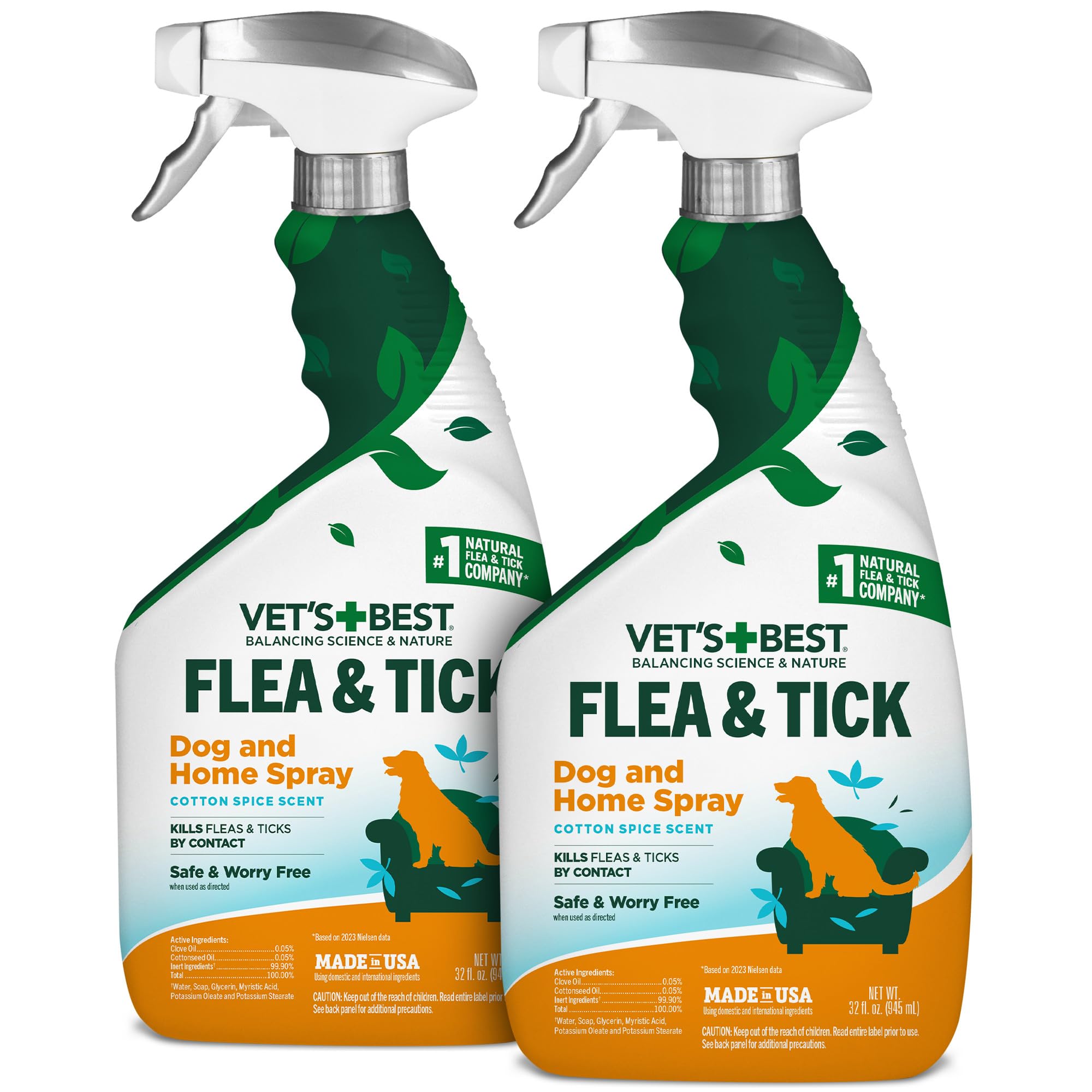 Photo 1 of Vet's Best Natural Indoor Flea and Tick Spray – Dog Flea and Tick Treatment for Home, Plant-Based Formula with Natural Oils, Kills Fleas, Eggs & Ticks on Contact, USA Made, Cotton Spice, 32 oz, 2-Pack