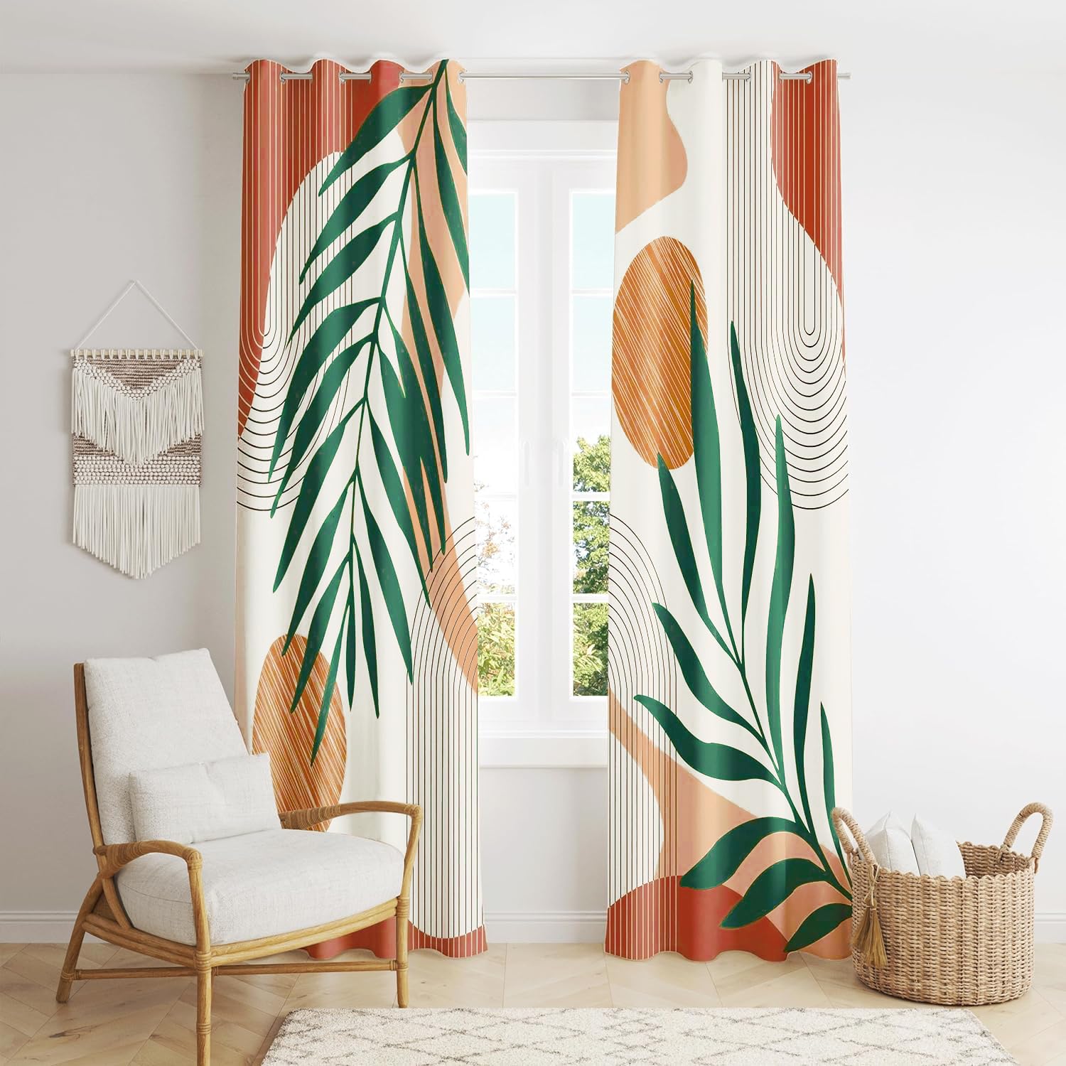 Photo 1 of ZYLLGLOW Mid Century Modern Curtains Set Thick Cotton Boho Curtain Blackout for Bedroom Bohemian Style Decor Window Leaf Print Classical Drapes for Living Dining Room, 2 Panels, W52×84L