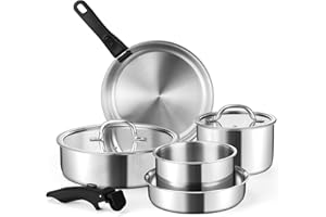 E-far 9pcs Pots and Pans Set, Stainless Steel Cookware Set with Detachable Handle, Whole Clad 3-Ply Kitchen Cookware Sets wit