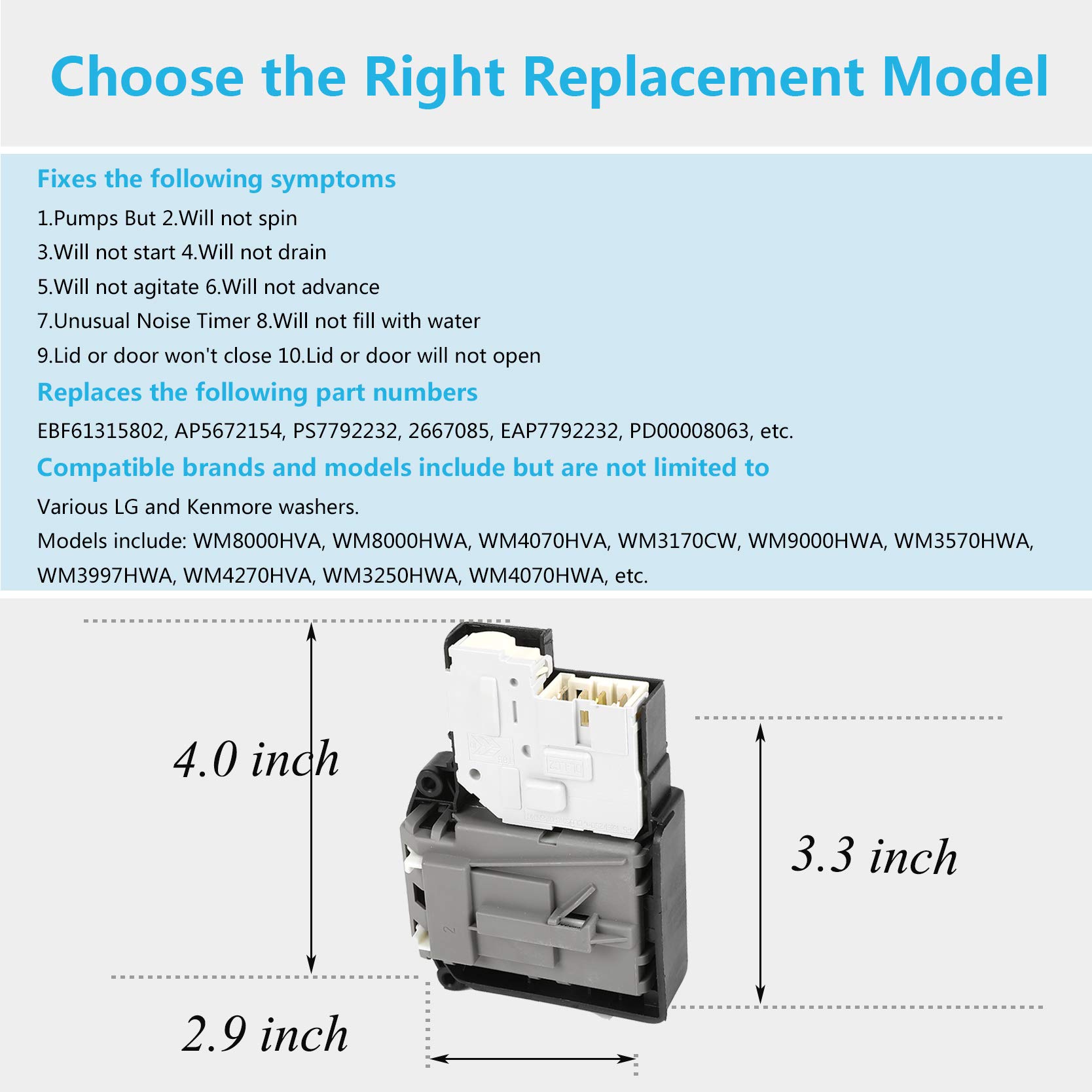 EBF61315802 Washer Door Lock Switch, Replacement Part for LG & Kenmore Washing Machine - Replaces AP5672154, PS7792232, 2667085, EAP7792232, PD00008063
