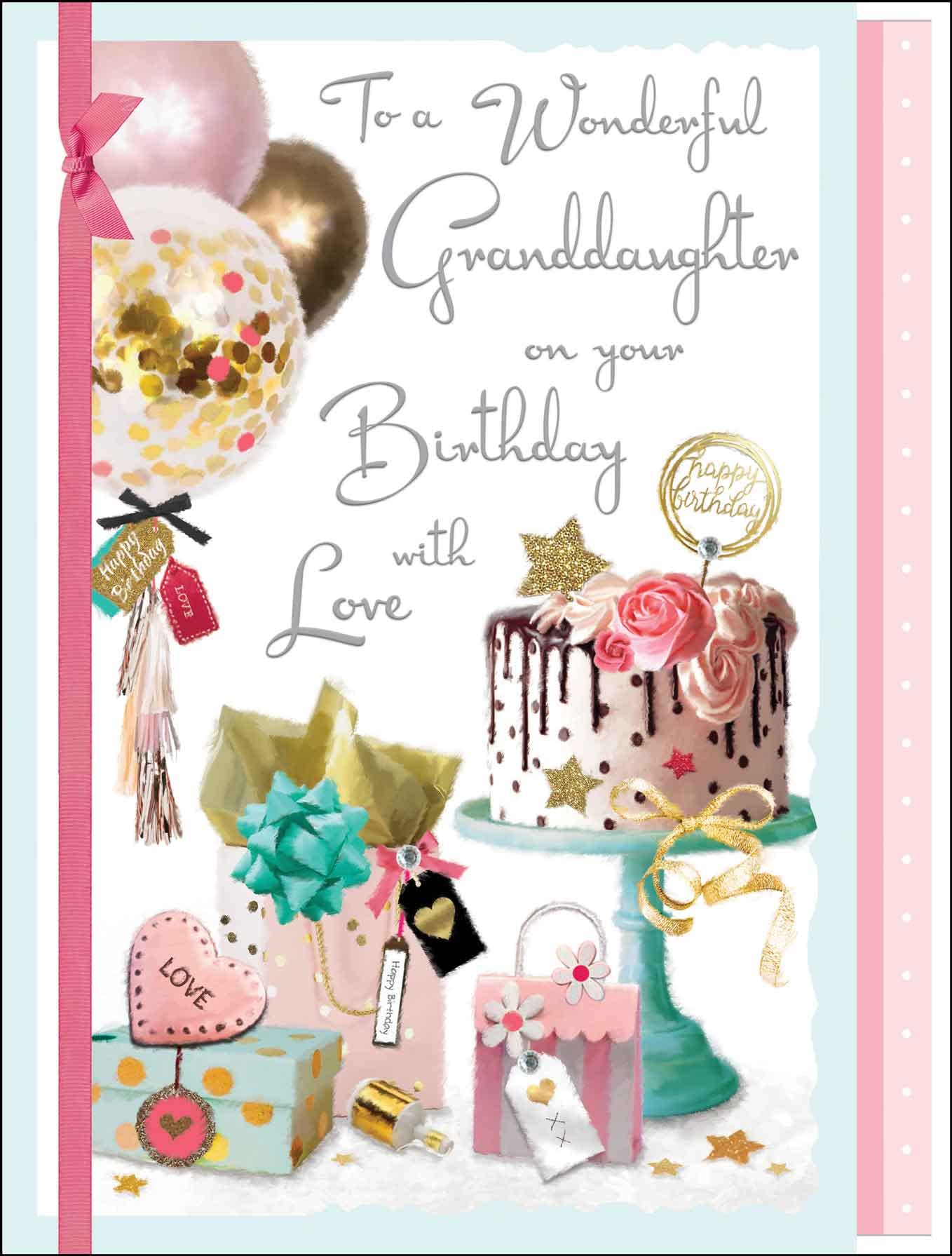 Jonny Javelin Artistic Birthday Greeting Card - 'Wonderful Granddaughter' - Balloons and Birthday Cake Design - Ribbon Embellishment and Leaf Insert