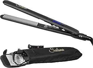 Salona Titanium Coated Hair Straightening Iron, Professional Flat Iron Hair Straightener and Hair Curler with Digital LCD Display and Heat Resistant Bag, Black