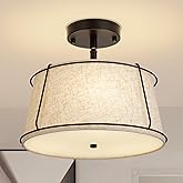 13'' Semi Flush Mount Ceiling Light Fixture,3-Light Black Light Fixtures Ceiling Mount with Linen Drum Fabric Shade,Modern Cl