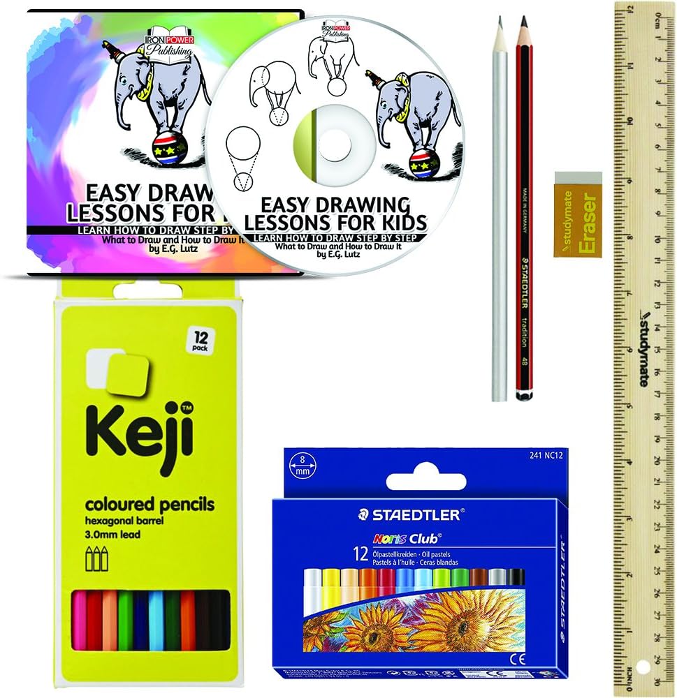 Learn to Draw Kit Set - Easy Drawing Lessons for Kids - Learn How to Draw Step by Step - E.G. Lutz - Contains CD tutorial, 12 colored pencils, 12 oil pastels, 2 graphite pencils, 12" ruler, eraser