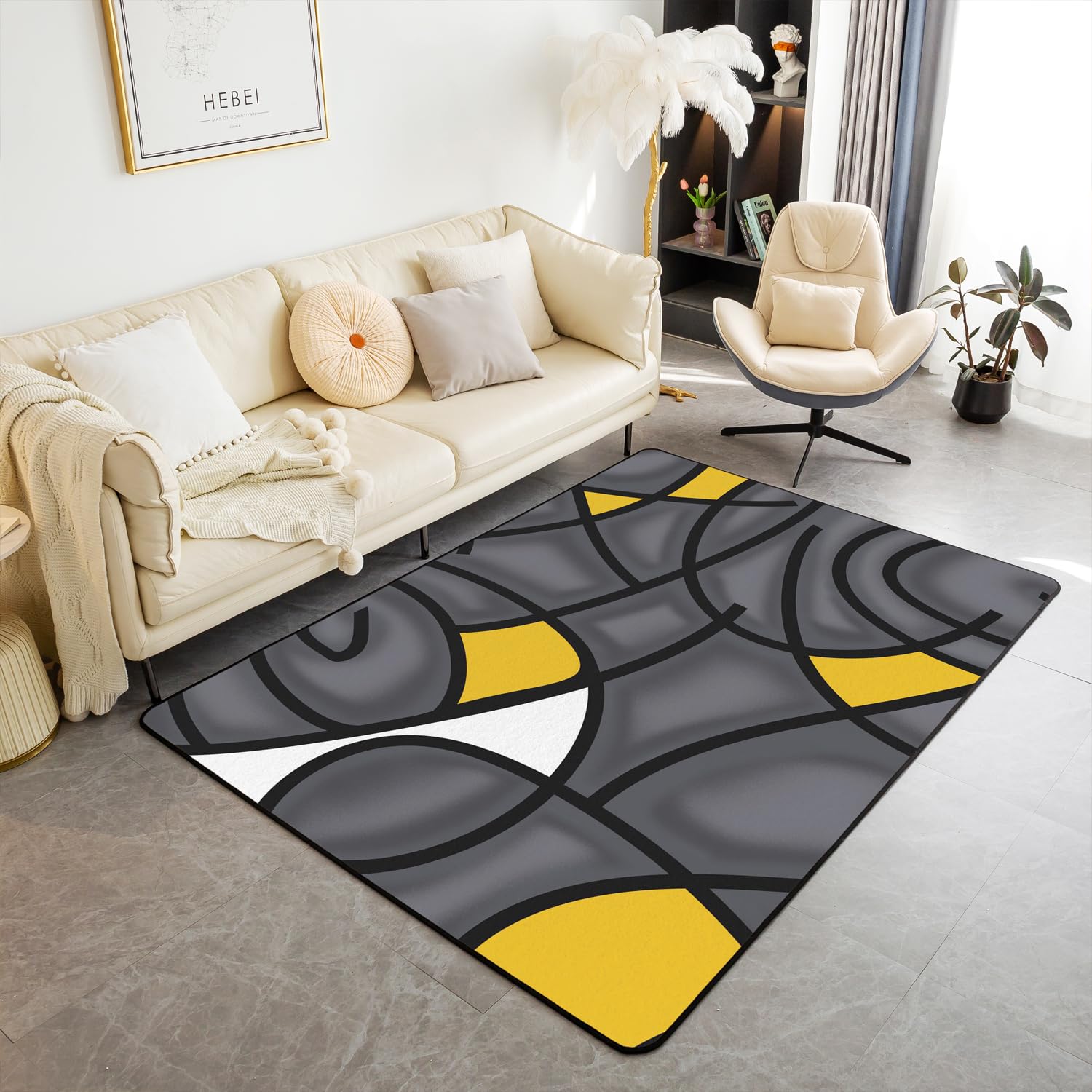 Homemissing Geometric Area Rug 100x150cm Modern Abstract Art Living Room Rugs For Bedroom Home Decor Grey Yellow Black Stripe Lines Carpet Ultra Soft Non-Slip Indoor Floor Mat
