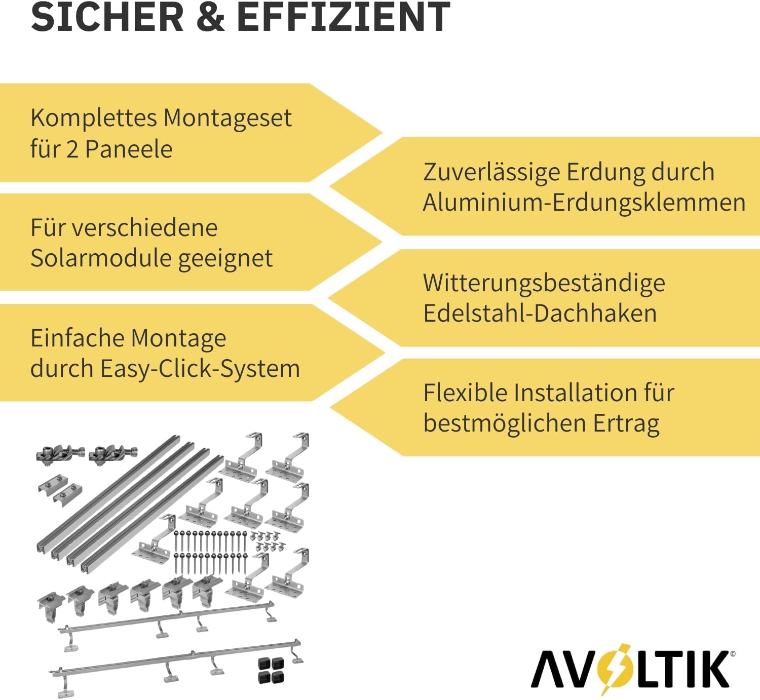 Avoltik Solar Halterung Ziegeldach I Set für 2 PV Module 30-40mm I Solarmodul Halterung Balkonkraftwerk I Solarmodulbefestigungsset für Ziegeldächer aus Edelstahl 1.4301 I PV-Halterung Montageset 8