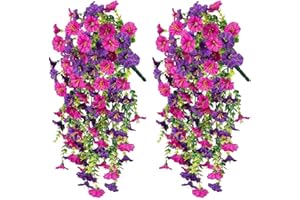 Artificial Hanging Flowers for Outdoors (2 Pack), No Odor, 29.5in Hanging Morning Glory - No Watering Needed, Spring Summer H
