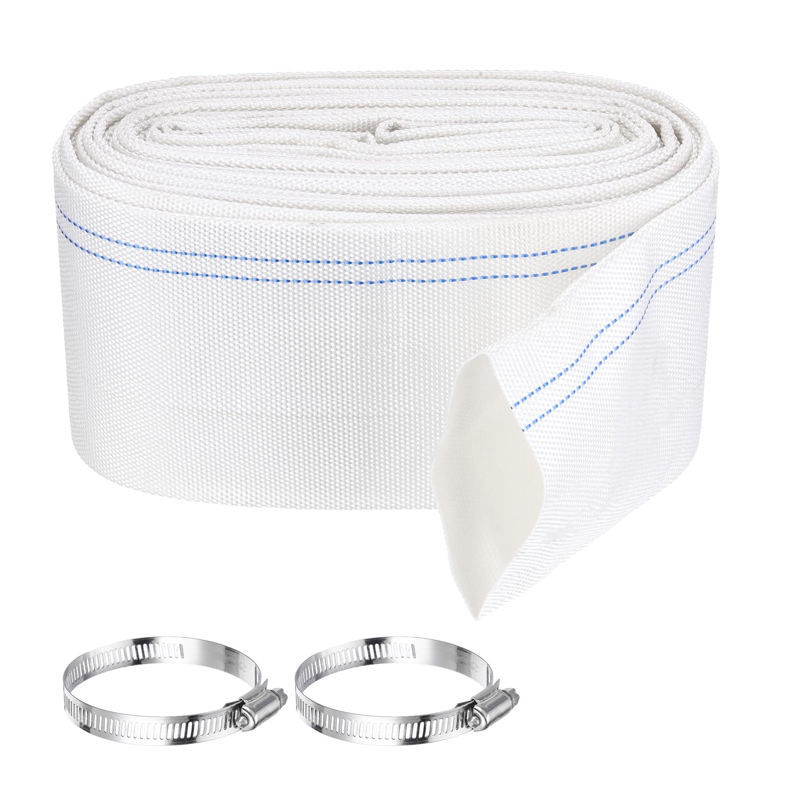 Rebower Pool Backwash Hose, 4 Inch x 30ft Reinforced Drain Hose PVC Lay Flat Water Discharge Pump Hoses for Pool Filter Swimming Pump, with 2pcs Clamps, White