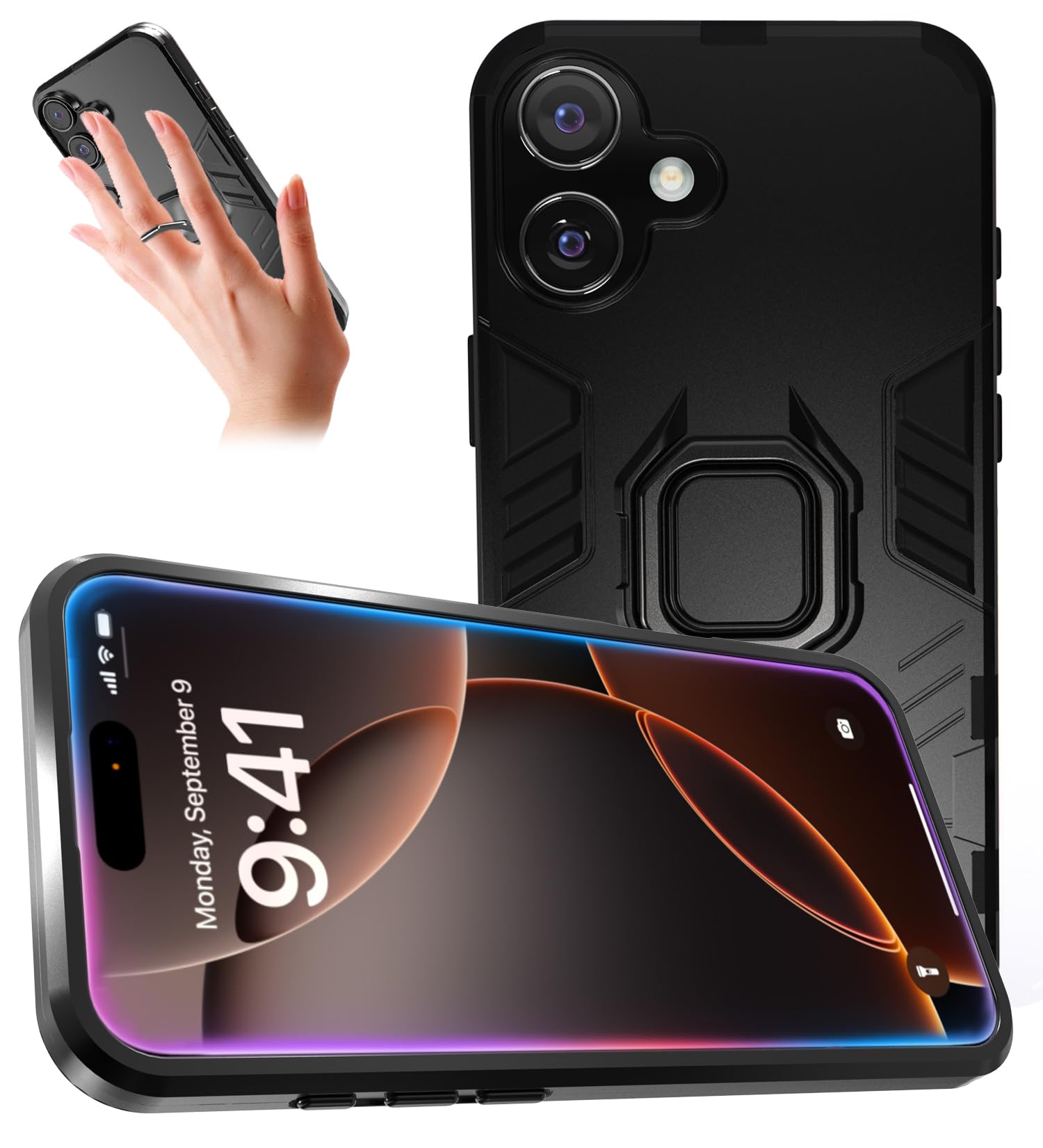 TzoMartico Walk&Running Case for iPhone 16 Plus, Drop-Proof Soft Edge, 360+120°Rotating Device, Embedded Kickstand, Fall Prevention-Grip, Military-Grade Shock Protection, 3-in-1 Series, Black