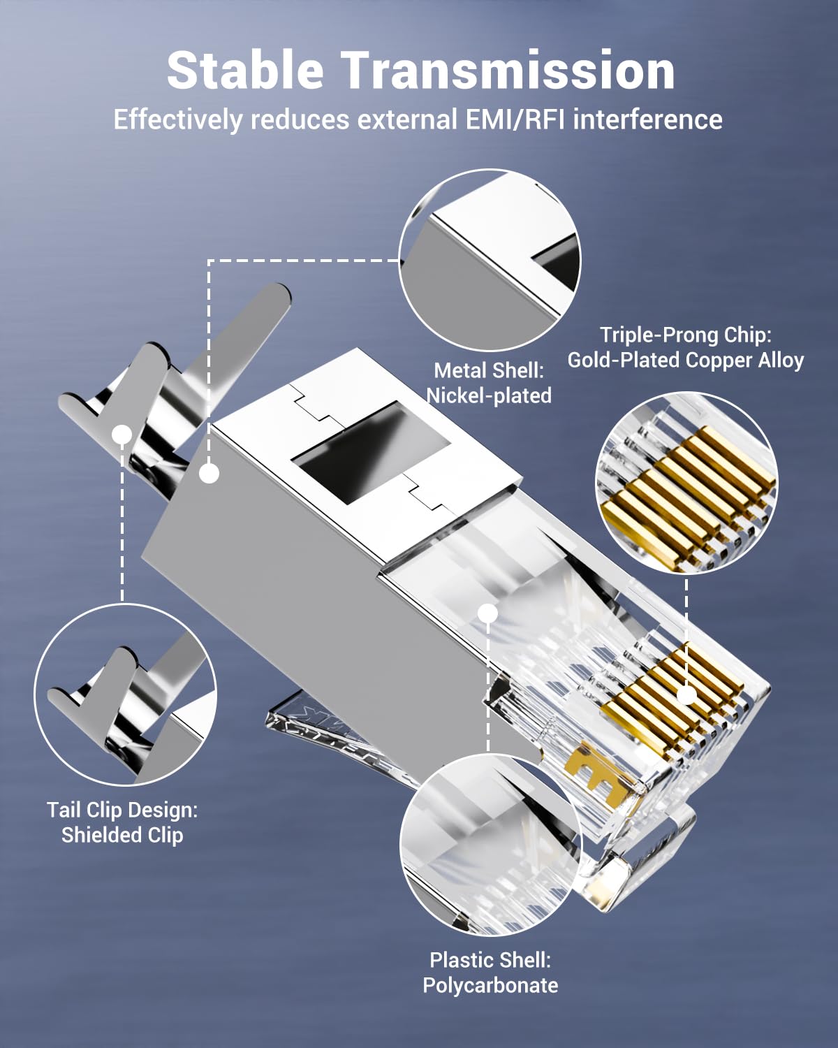 VCE 30-Pack RJ45 Connectors CAT7/CAT6A, Non-Pass-Thru Shielded Modular Plugs for Thick Cable, 3-Prong Gold Plated Ethernet Ends with Strain Relief Boots - Blue
