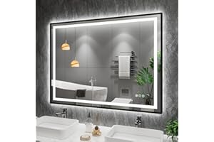 Amorho 48"x 38" LED Bathroom Mirror with Black Frame, Front Light and Backlit, Stepless Dimmable, Anti-Fog, Shatter-Proof, Memory, 3 Colors, Double LED Vanity Mirror