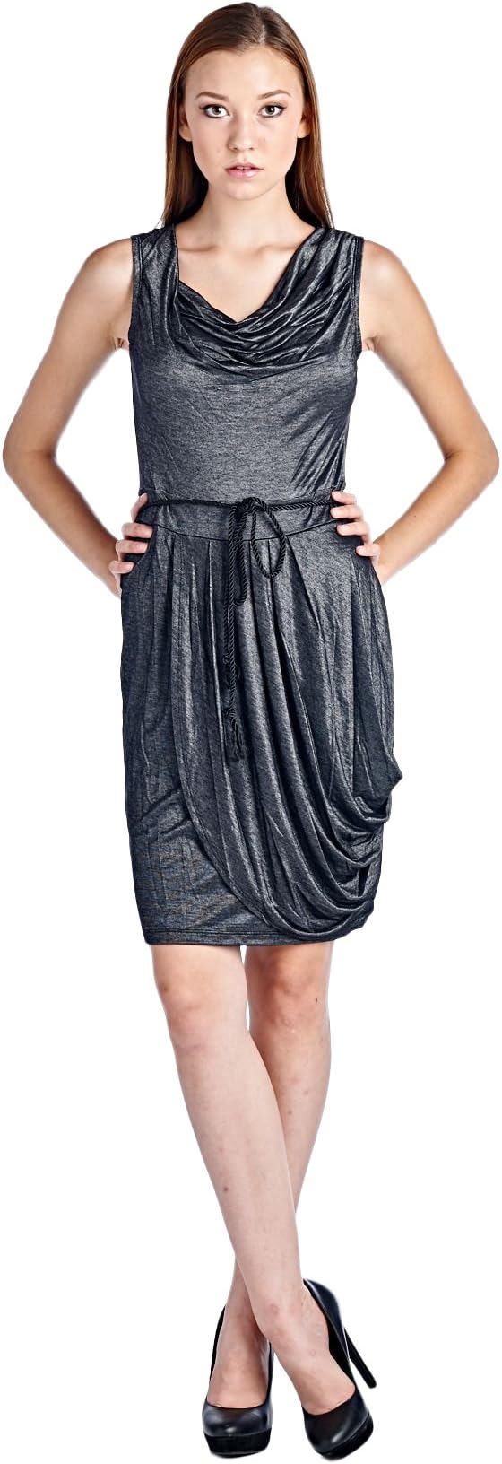 Marcelle Margaux Cowl Neck Dress with Waist Tie Large Silver 10