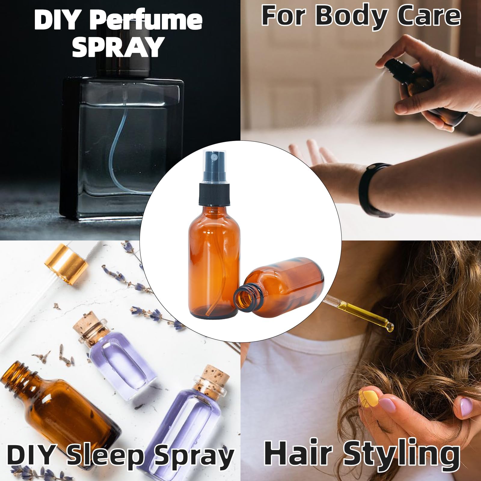 4 PACK 2 oz Amber Small Glass Spray Bottles, Empty Spray Bottle for Hair, Plants, Perfume - Fine Mist, 2oz Mini Spray Bottle