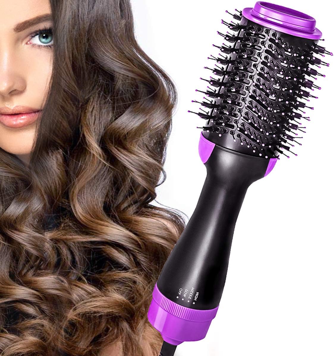 FUNFLOWERS Hot Air Brush, Hair Dryer Brush Styler, One Step Salon Volumizer Brush 4 in 1 Straightener Curl Air Hair Brush with Comb Ceramic Negative Ion Electric Styling Blow Dryer Brush (Purple)