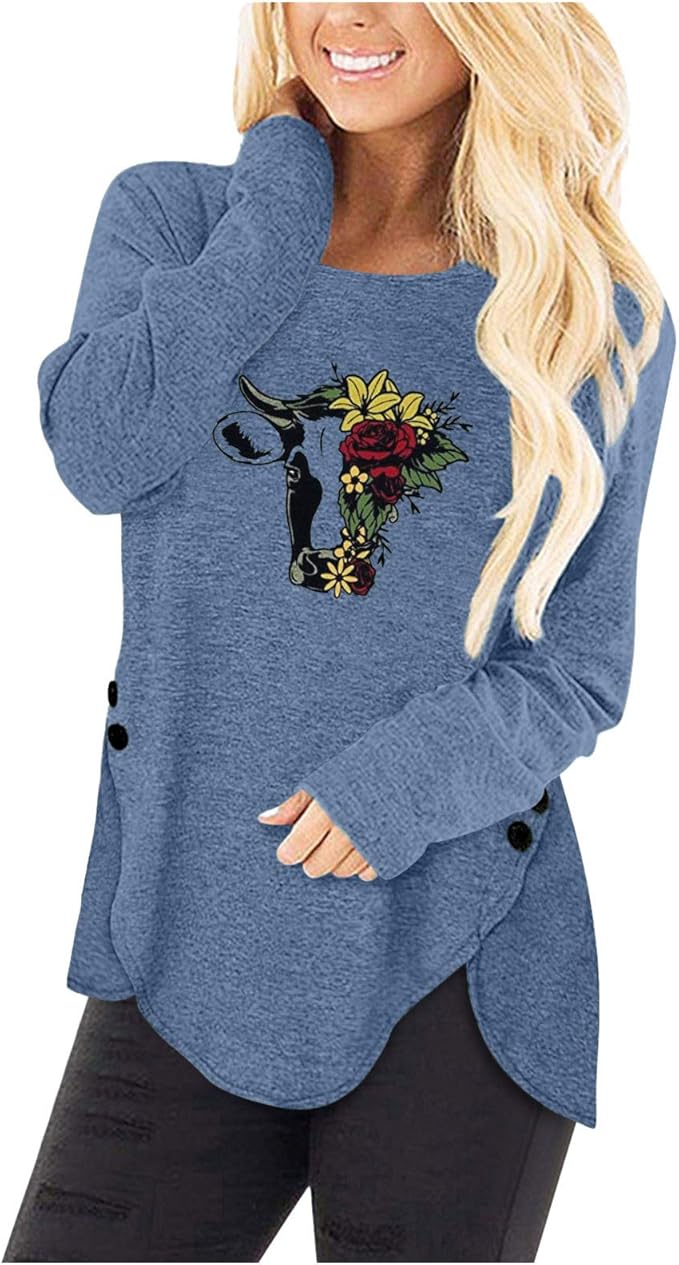 Cute Cow Print Women TShirts Long Sleeve Graphic Floral Graphic Shirts