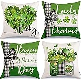 GEEORY St. Patrick's Day Pillow Covers 18 x 18 Inch Set of 4, Green Shamrock Heart Lucky Charm Buffalo Plaid Mason Jar Farmhouse Throw Pillowcases for Home Sofa Couch Cushion Decoration G439-18