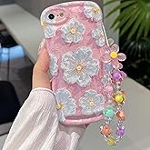 Fxlzcw for iPhone 6 iPhone 6s Curly Wavy Case, Cute Colorful Retro Oil Painting Flower Glossy Pattern [with Bead Chain], Slim Fit Shockproof Protective Cover for Girls Women, Pink