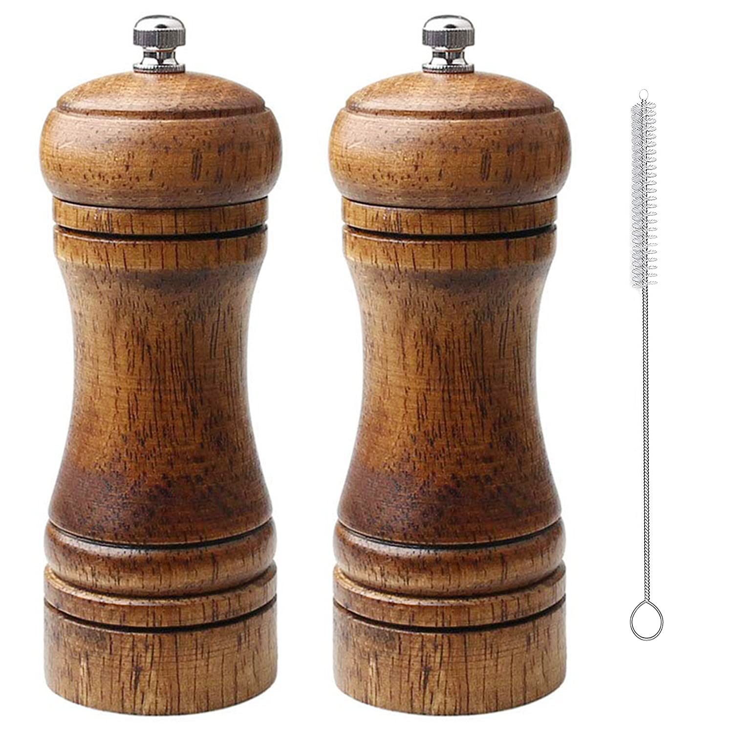 Salt and Pepper Grinder Set, Wooden Pepper Grinder Pepper Mill Glass and Stainless Steel Spice Mills with Adjustable Coarseness, 5 Inches (2 Pieces)