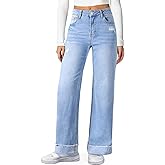Sidefeel Women's Wide Leg Jeans High Waisted Stretchy Distressed Straight Leg Folded Hem Loose Denim Pants