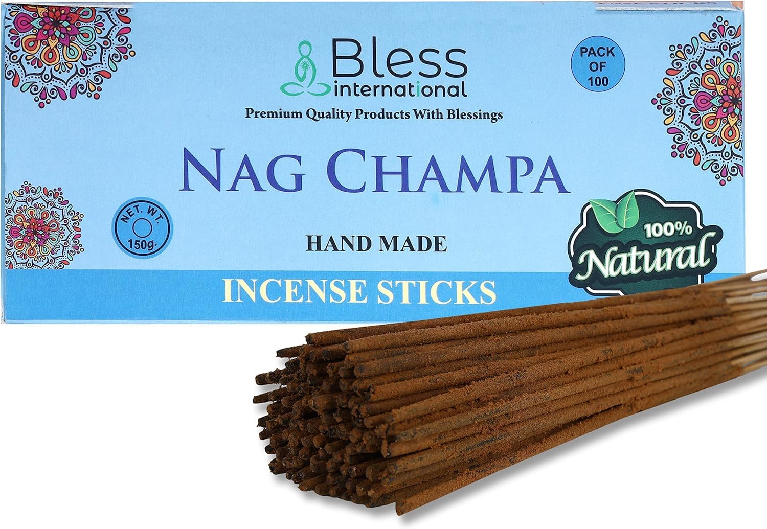 Bless-Nag-Champa-Incense-Sticks 100%-Natural-Handmade-Hand-Dipped-Incense-Sticks Organic-Chemicals-Free For-Purification-Relaxation-Positivity-Yoga-Meditation The-Best-Woods-Scent (100 Sticks (150GM))