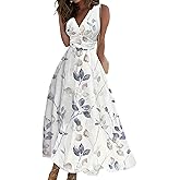 KIKADA Women's Elegant Sleeveless V Neck Floral Print Long Maxi Dresses High Waist Cocktail Party Evening Tank Flowy Dress