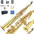 Aisiweier Soprano Saxophone SAX Bb Brass Lacquered Gold Body and Keys Woodwind instruments (gold)