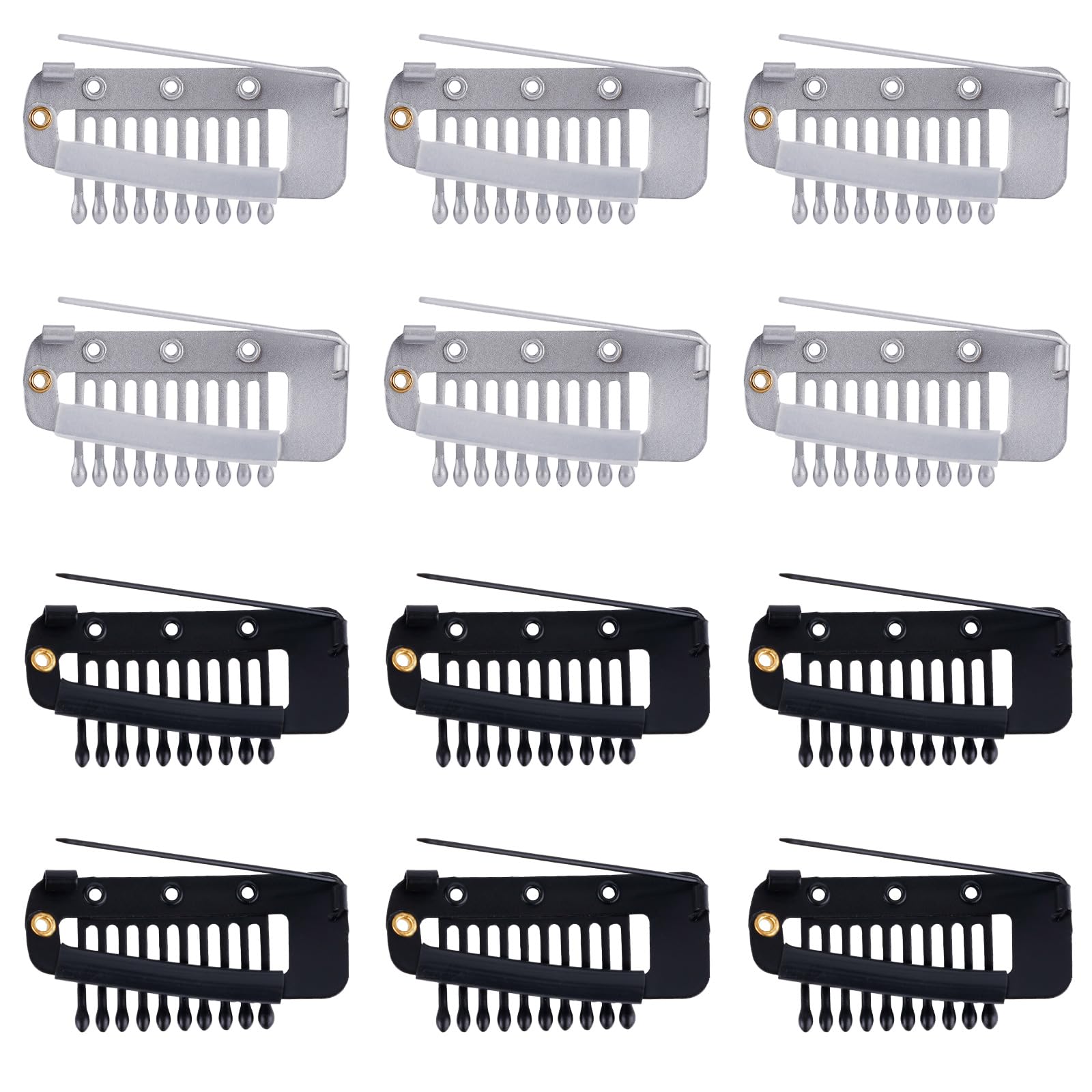 NQEUEPN 12pcs Wig Clip with Safety Pins, 10-Teeth Hair Extension Snap Invisible Wig Combs to Secure Wig No Sew Chunni Grip Dupatta Clips for Girls Women Wig Headscarf Hijab & Tikka (Black, Silver)