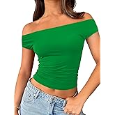 Trendy Queen Off The Shoulder Tops for Women Going Out Y2K Summer Cute Shirts Sexy 2026 Double Lined Date Club Outfits