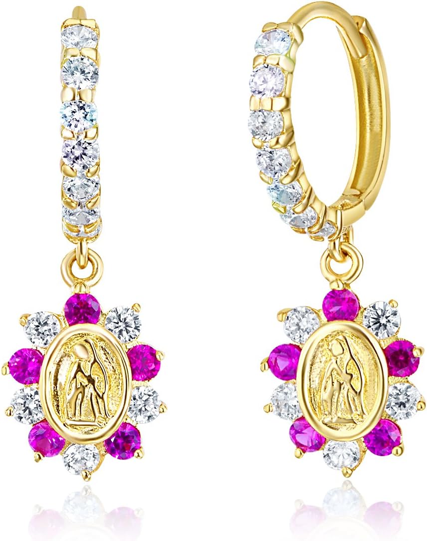 Wellingsale Ladies 14k Yellow Gold Polished Our Lady Guadalupe Red & White CZ Huggies Earrings (12 x 12 mm)