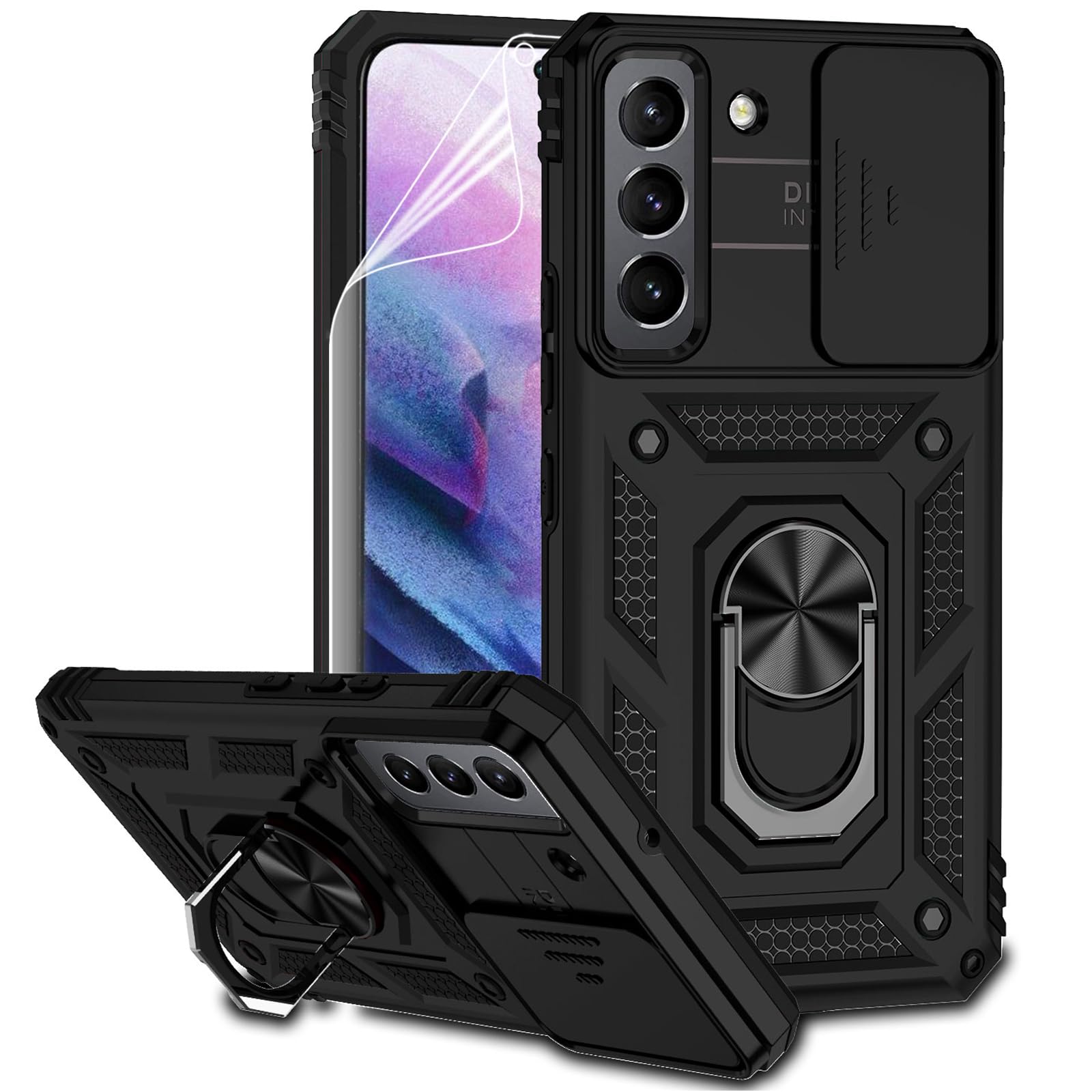 for Samsung Galaxy S22 Plus Case with Camera Lens Cover HD Screen Protector, Military-Grade Drop Tested Magnetic Ring Holder Kickstand Protective Phone Case for Samsung Galaxy S22+ Plus 5G (Black)