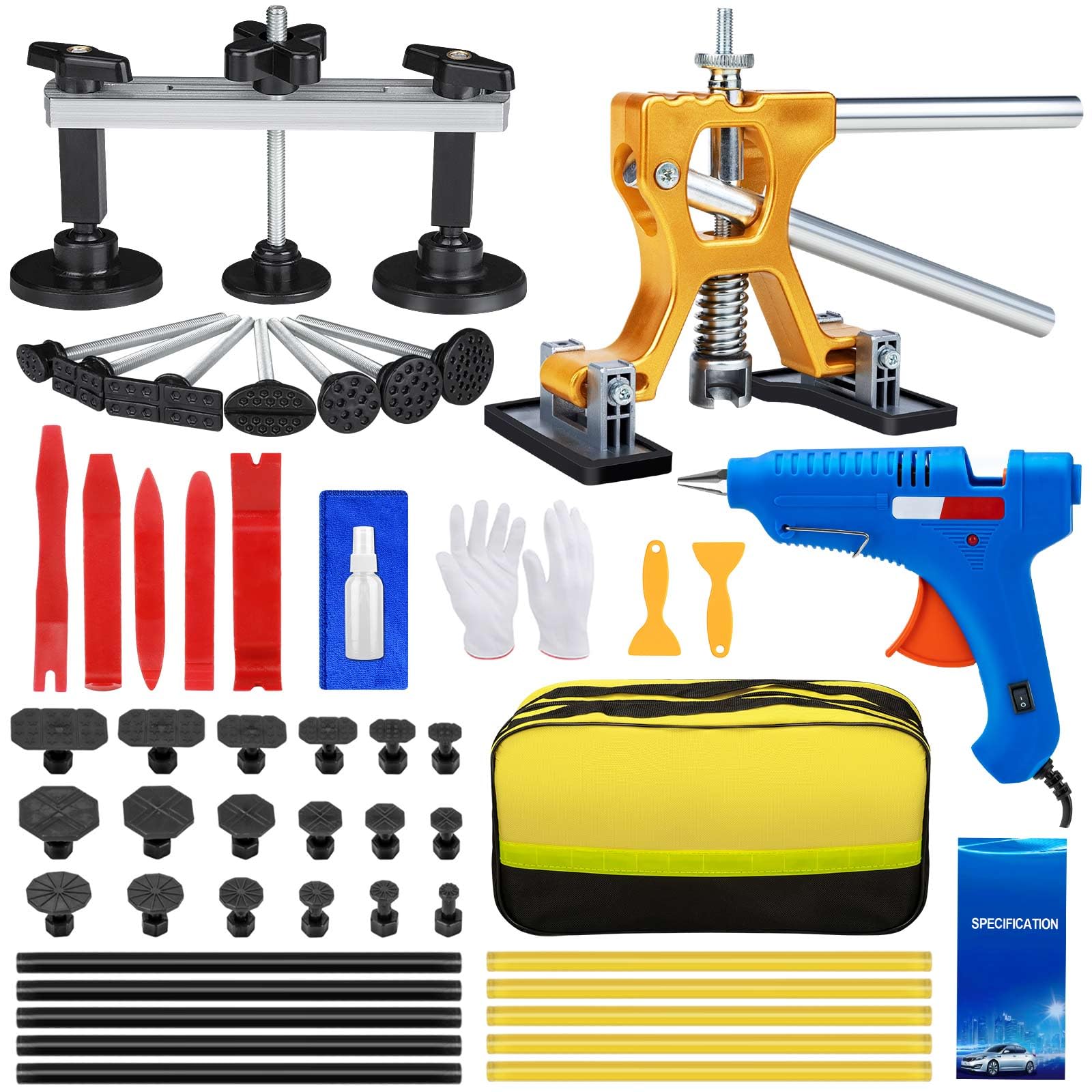 Photo 1 of Car Dent Puller Kit, 53Pcs Paintless Dent Removal Kit with Adjustable Bridge Puller & Golden Lifter, Dent Repair Kit for Car Hail Damage Large & Small Dent, Refrigerator Door Dent DIY Removal