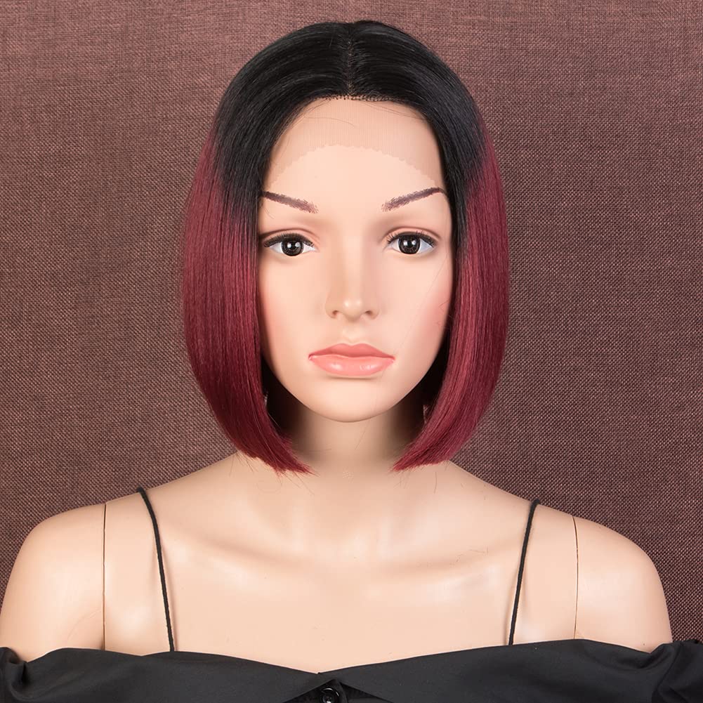 Style Icon Lace Front Wigs BOB Wigs for Black Women Synthetic Hair Straight 10 inches Middle Part Blunt Cut Heat Resistant Fibers (TT1B/BUG)