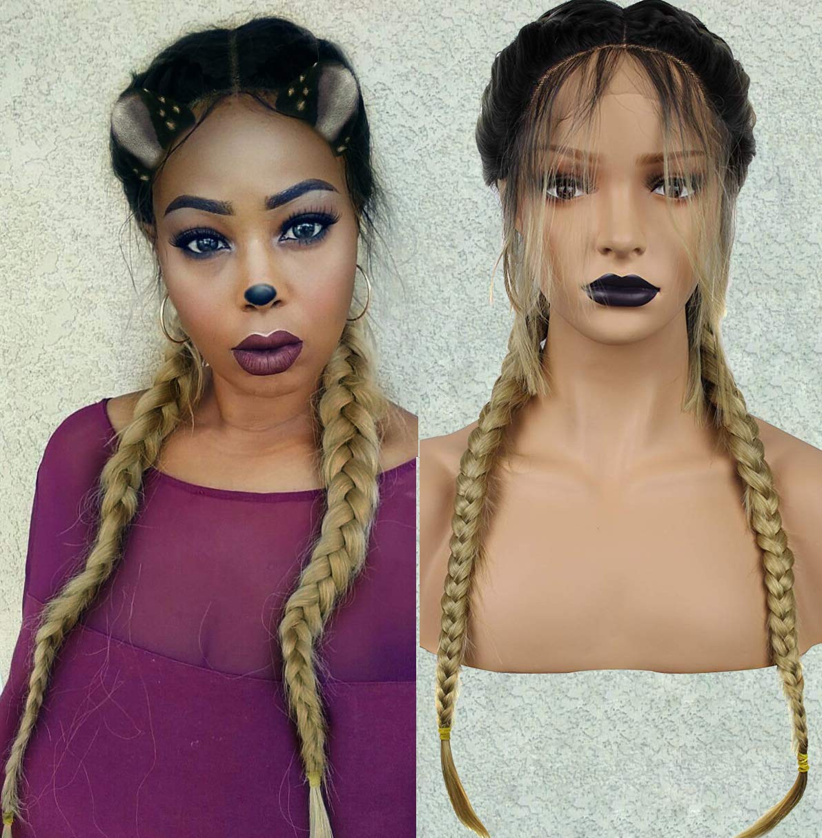 Anogol Hair Cap Braided Lace Front Wig With Braids Black Ombre