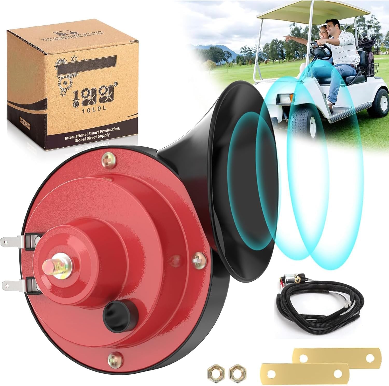 10L0L Universal Golf Cart Horn with Electric Switch Button Kit for Yamaha, Club Car, EZGO, ATV, UTV, Boat, 12 Volt, Red