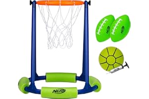 FRANKLIN SPORTS NERF Floating Pool Basketball Hoop + Football Target Net Set - Water Basketball + (2) Pool Footballs Included - Floating Hoop + Target Goal for in-Pool + Poolside Play - Sports Pool Toys for Kids