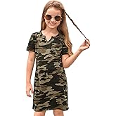 WDIRARA Girl's Camo Print Notched Neckline Straight Hem Short Sleeve Knitted Tee Dress