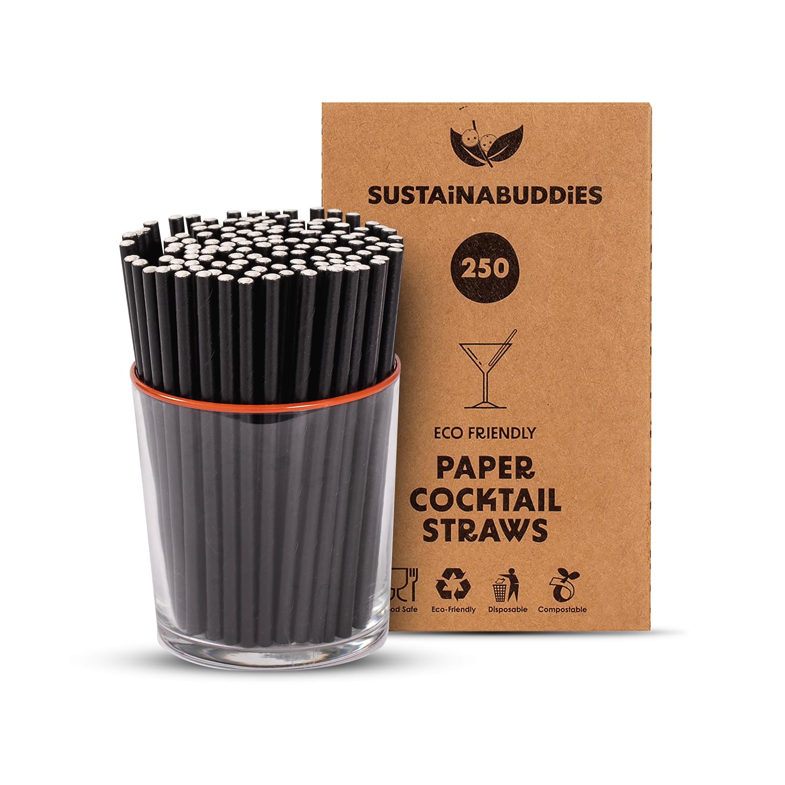 SustainaBuddies 250 Cocktail Disposable Paper Drinking Straws | FSC-Certified, Biodegradable and Compostable | Strong and Durable