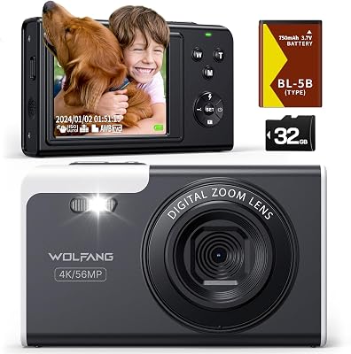 Appareil Photo numérique, caméra 4K pour Enfants, compacte 56 MP, vidéo Zoom numérique 16X, Point de Mise au Point Automatique et Appareil Photo numérique, Cadeau