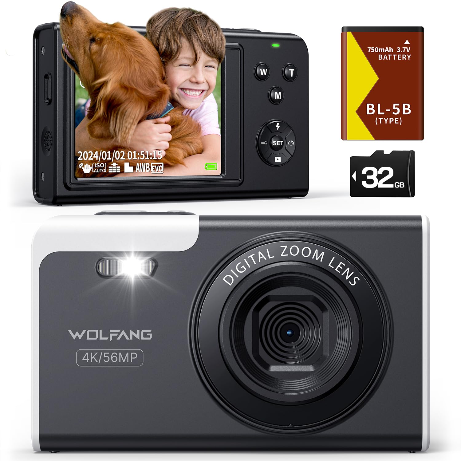 WOLFANG Digital Camera, 4K Kids Camera for Photography, 56MP Compact Vlogging, 16X Digital Zoom, Auto Focus Point and Shoot Digital Cameras, Gift for Students Teens