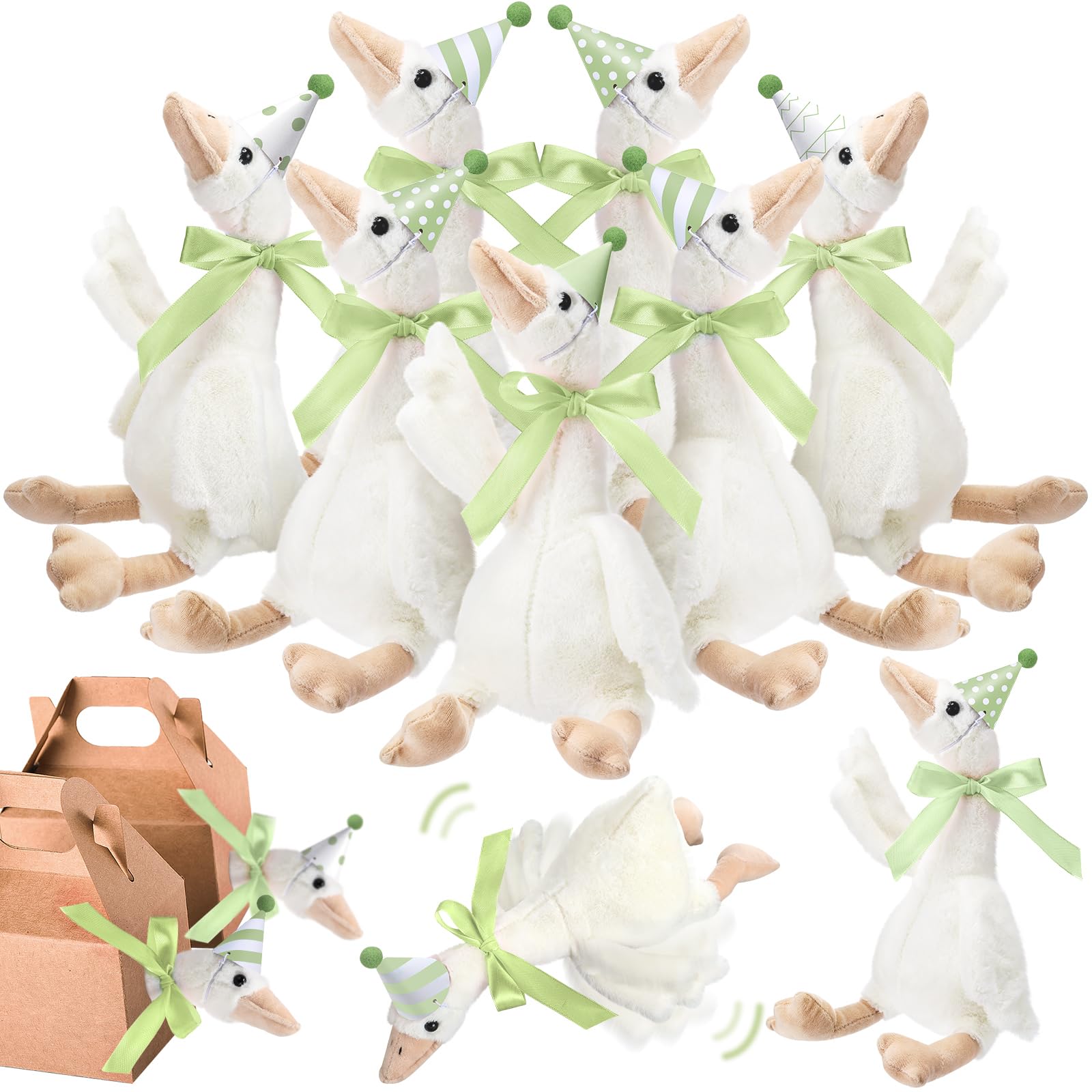 Photo 1 of Halloscume One Silly Goose Party Supplies Stuffed Animal Plush Toy and Mini Birthday Party Hats with Ribbon Bow (Sage Green,10 Set)