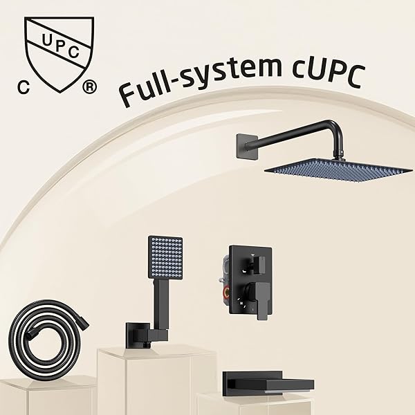 KES BLACK BATHTUB SHOWER FAUCET SET WITH 12″ RECTANGLE RAIN SHOWER HEAD, SHOWER SYSTEM WITH 3-MODES HANDHELD SPRAY AND WATERFALL TUB SPOUT, CUPC ANTI-SCALD VALVE INCLUDED, XB6336S12-BK