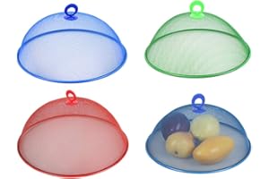 ALAPASTE DEDEMCO 4Pcs Round Metal Mesh Food Cover, 13.7 Inch Outdoor Picnic Mesh Screen Food Cover Tents Umbrella, Reusable Food Protector Net for Keep Out Flies Bugs Mosquitoes (Color Random)