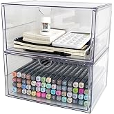 NINEWEEN Clear Plastic Drawer Organizer, 2 Pack, 2 Drawers | Stackable, For Office Supplies, For Marker Pen, For Art Crafts &amp; Stationery, For Coffee Pods