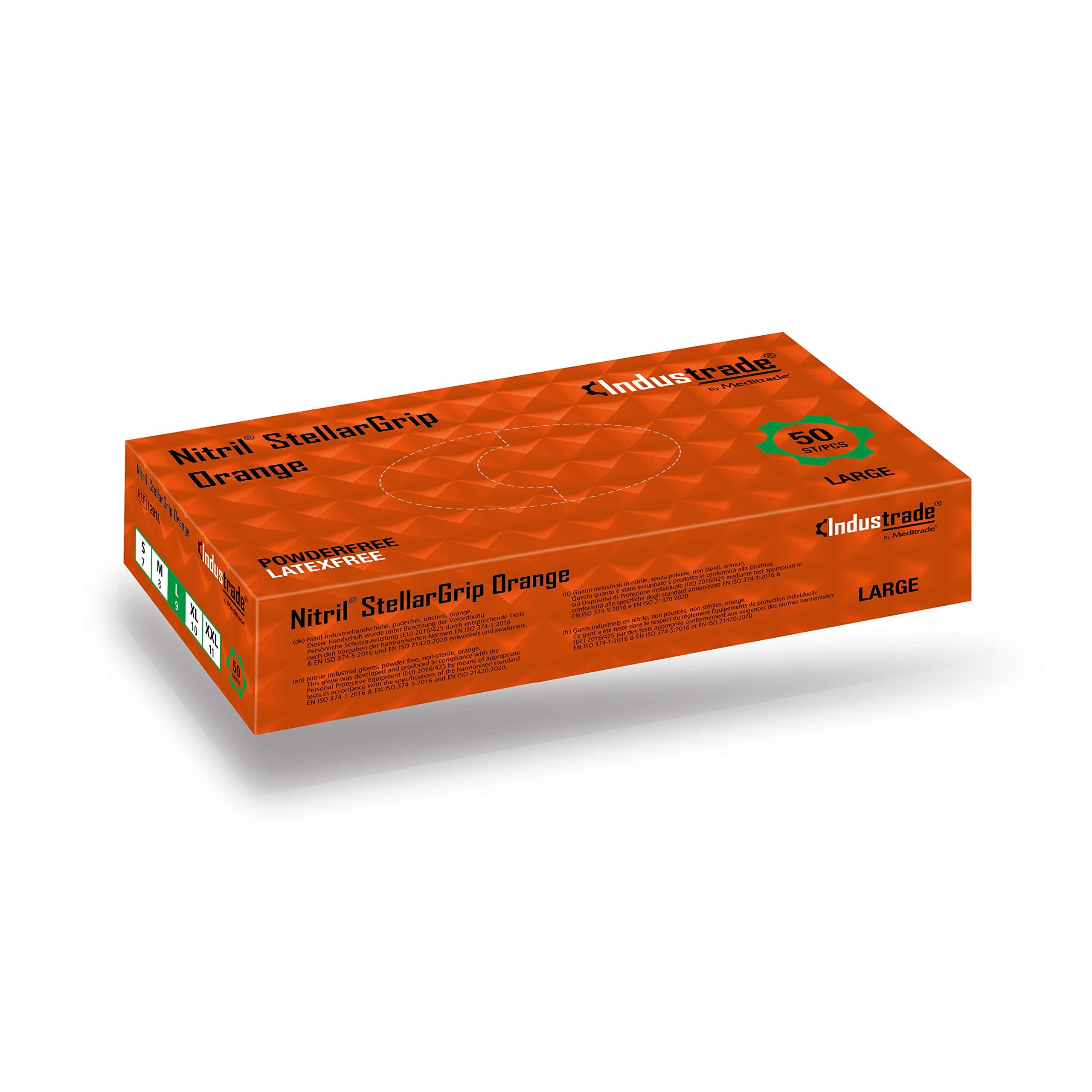 Industrade by Meditrade NITRIL Stellargrip Orange Nitrile Industrial Gloves - Diamond Texture for Enhanced Grip - Powder & Latex Free Disposable Gloves - 8.5g Thickness - Large - 50pcs
